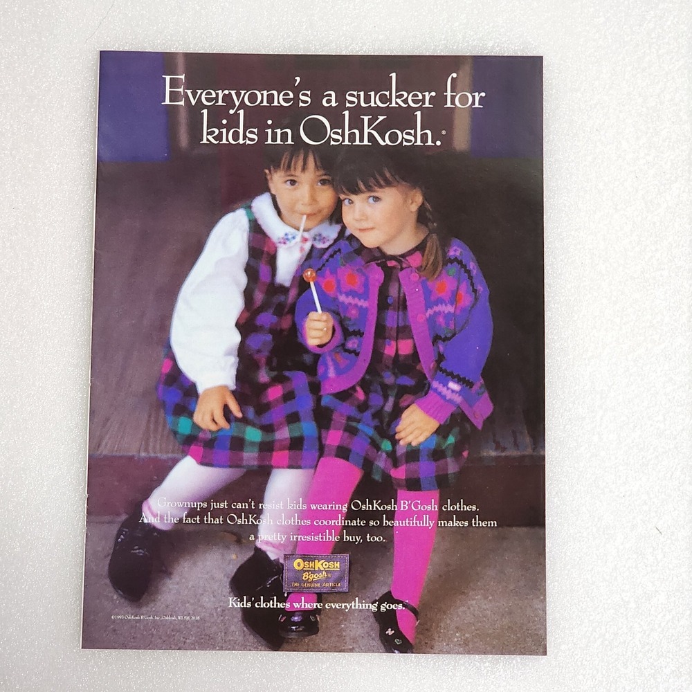 Vintage Print Ad Osh Kosh B'gosh little girls plaid sucker clipping 8x10 1993